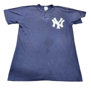 New York Yankees Shirt Mens L Blue MLB Baseball Henley Tookies 9 Graphic Tee